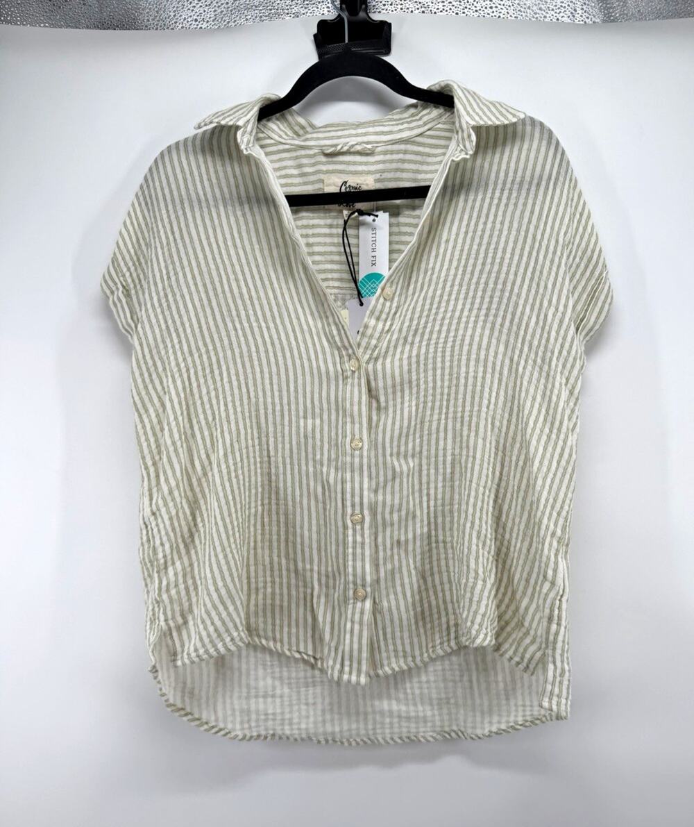 Cosmic Blue Love women’s XS White Green Striped Collared Woven Button-Front